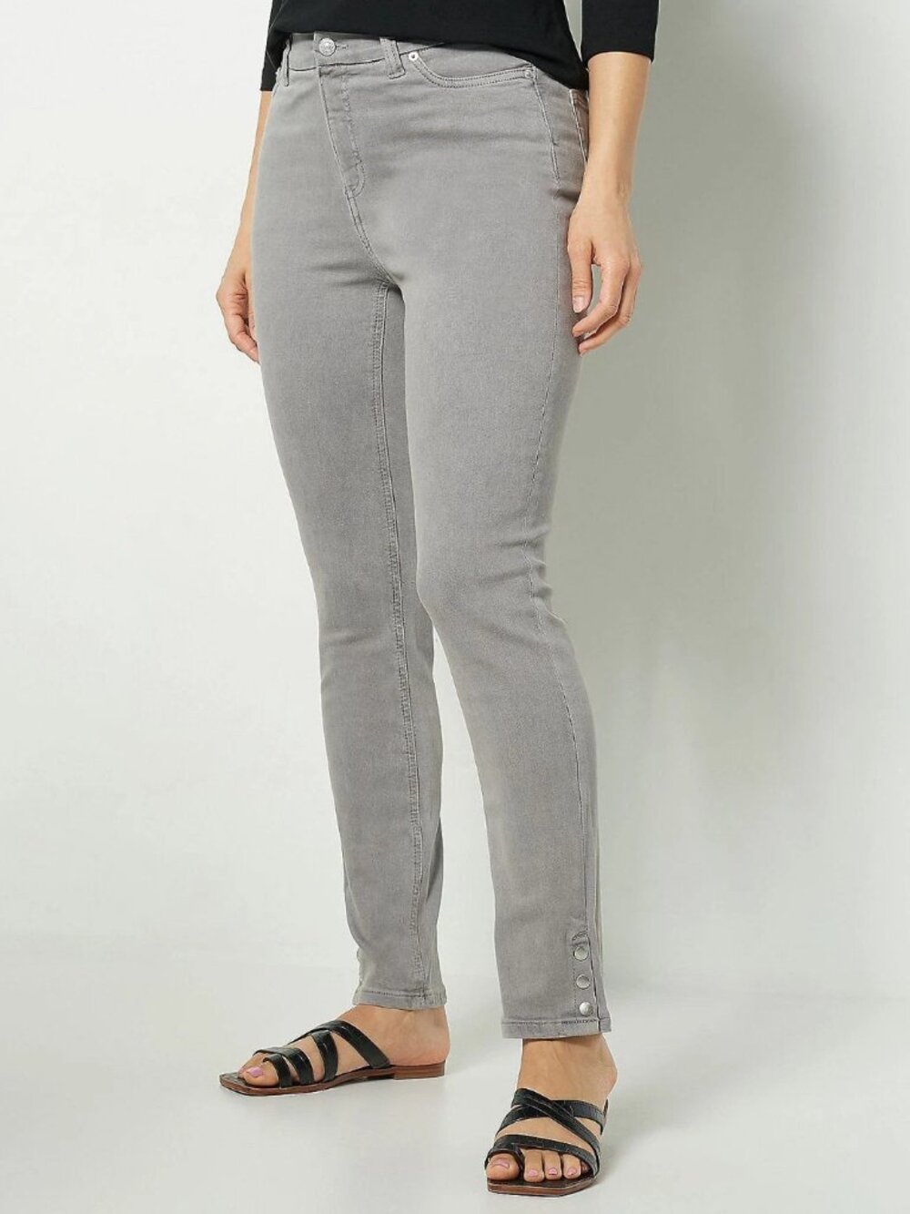 Denim & Co. Easy Stretch Tall Button-Front Slim Straight Jeans Gray Wash Size 10
